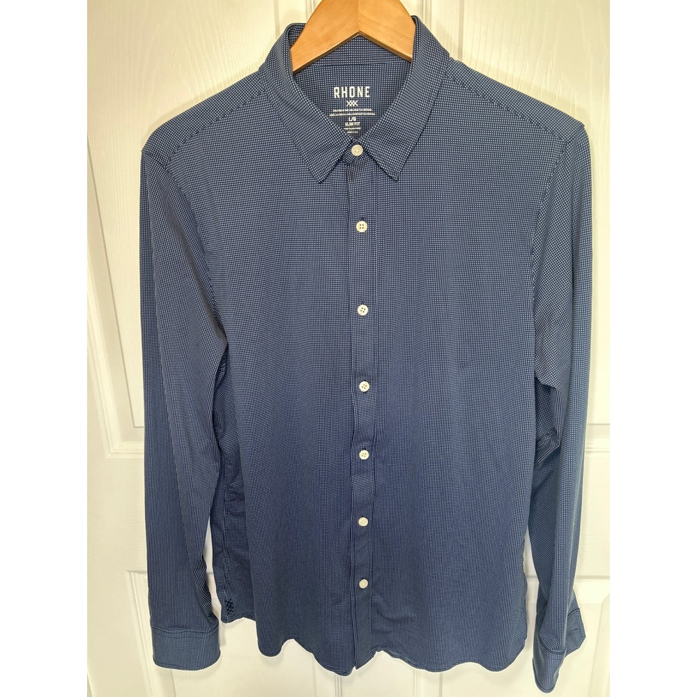 Rhone Commuter Shirt Large Slim Fit Blue Micro Dot Stretch Performance Italian